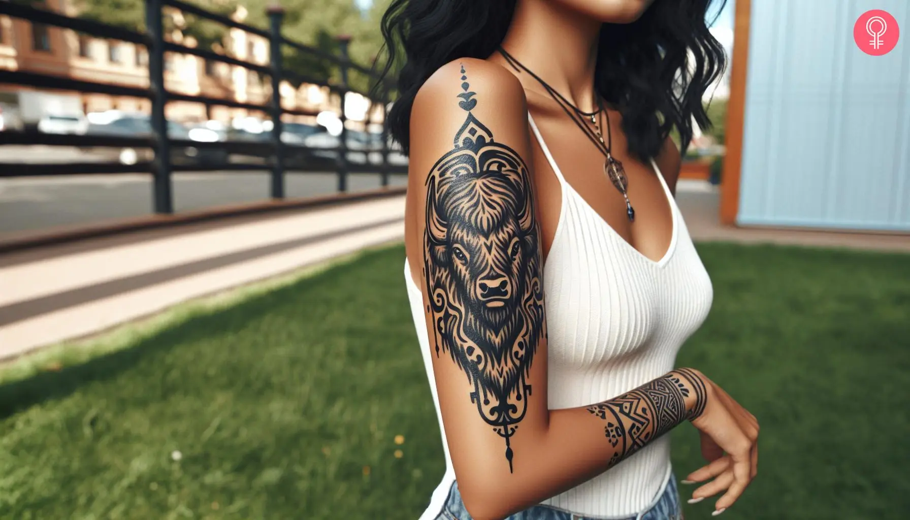 Romanian heritage tattoo on the upper arm of a woman