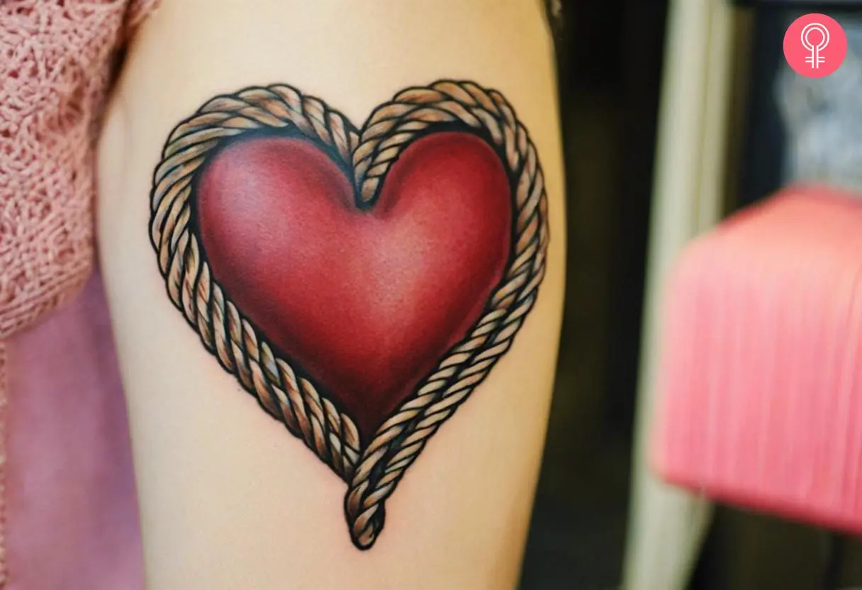 A rope heart tattoo on a woman’s upper arm