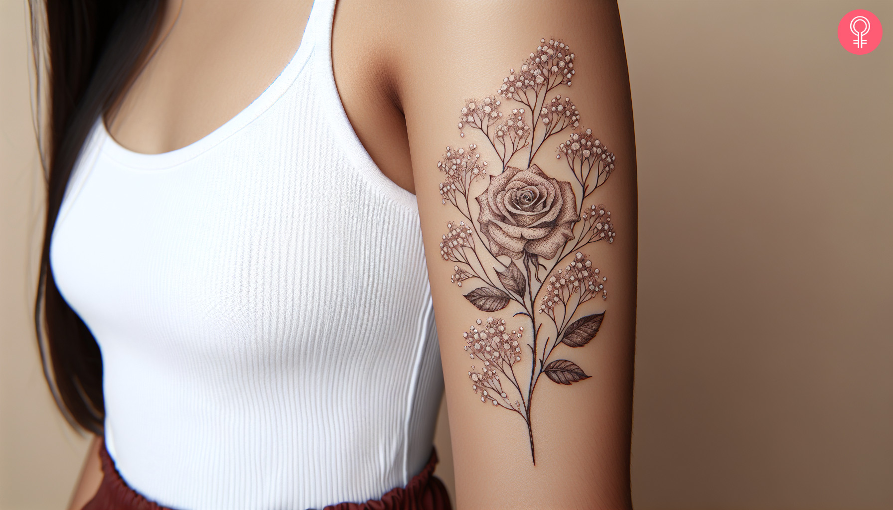 A tattoo on a woman’s upper arm featuring baby’s breath and rose