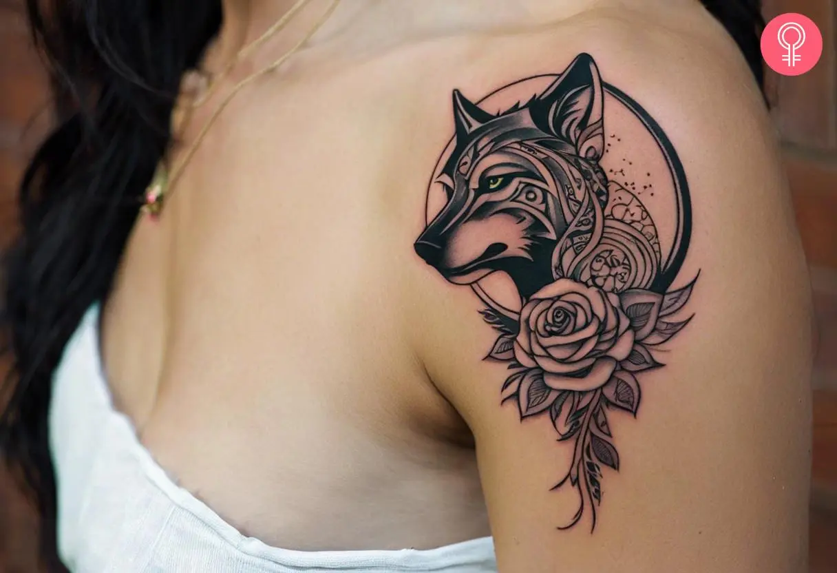 Rose moon tribal wolf tattoo on the upper arm of a woman