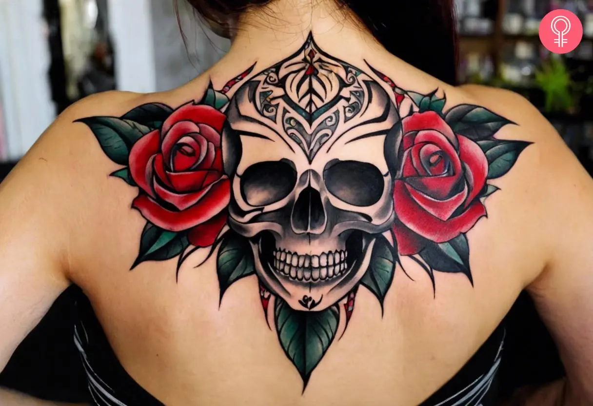 Rose skull simple tribal tattoo on the upper back of a woman