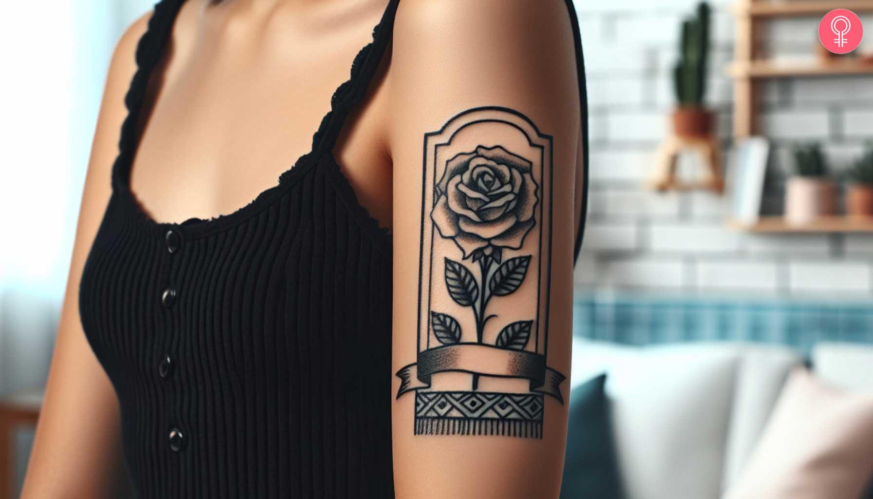 Rose with a banner tattoo on her upper arm