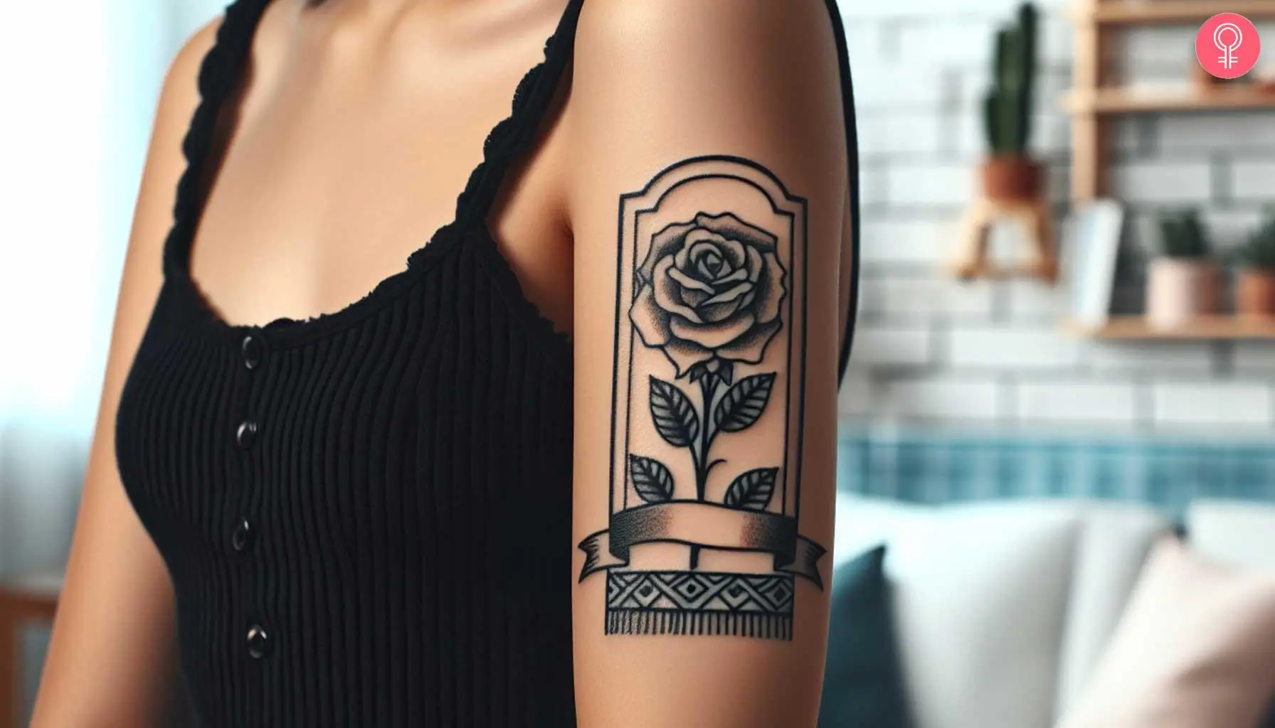 Rose with a banner tattoo on the upper arm