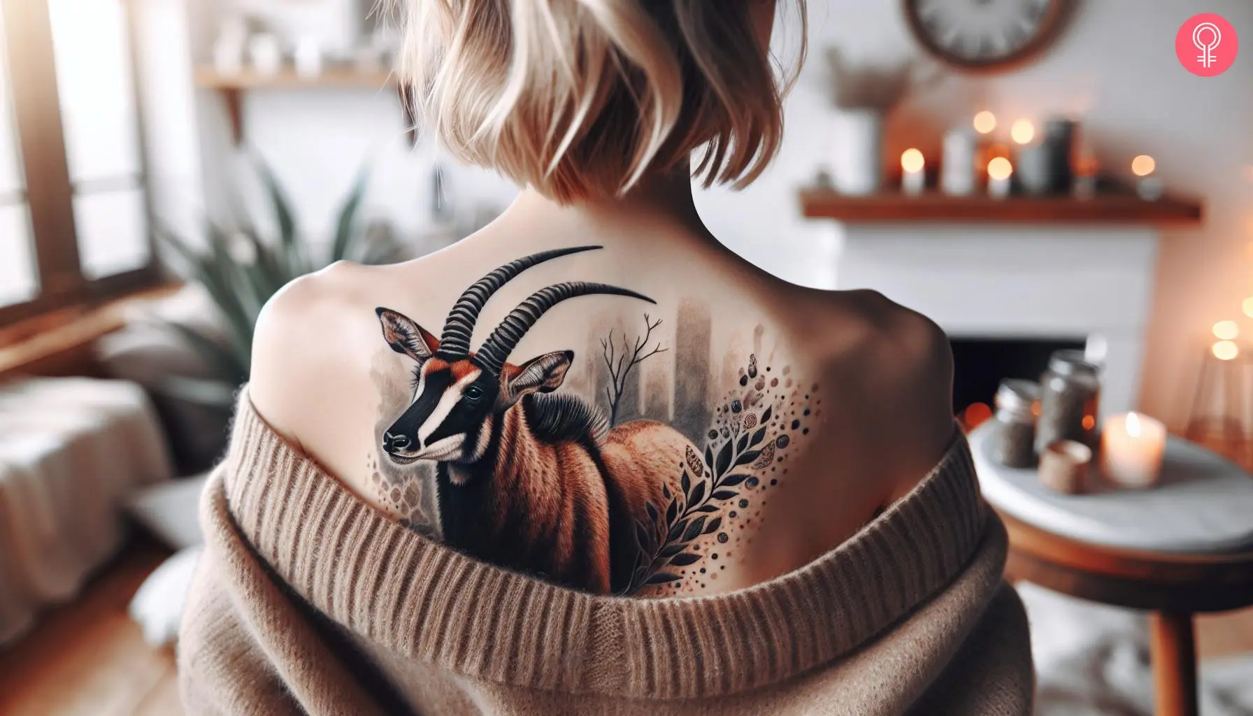 Sable antelope tattoo on the back shoulder