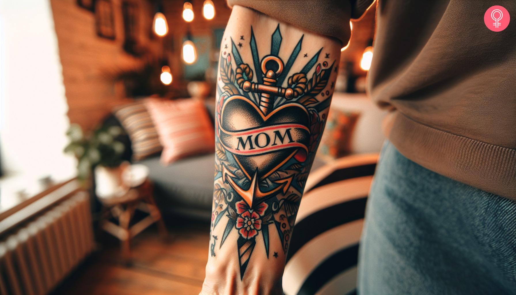 Vintage mother heart tattoo on sailor's forearm