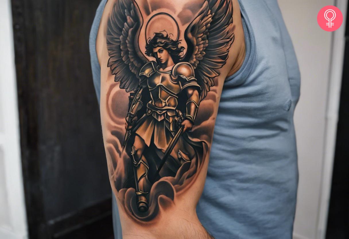 Saint Michael tattoo on upper arm