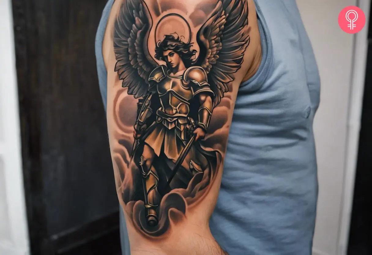 Saint Micheal tattoo on the upper arm