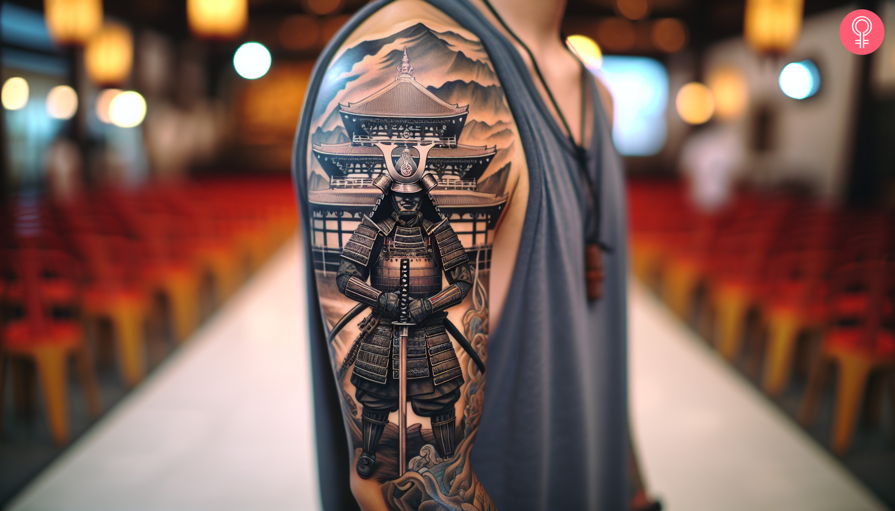 Samurai Japanese temple tattoo on the arm of a man