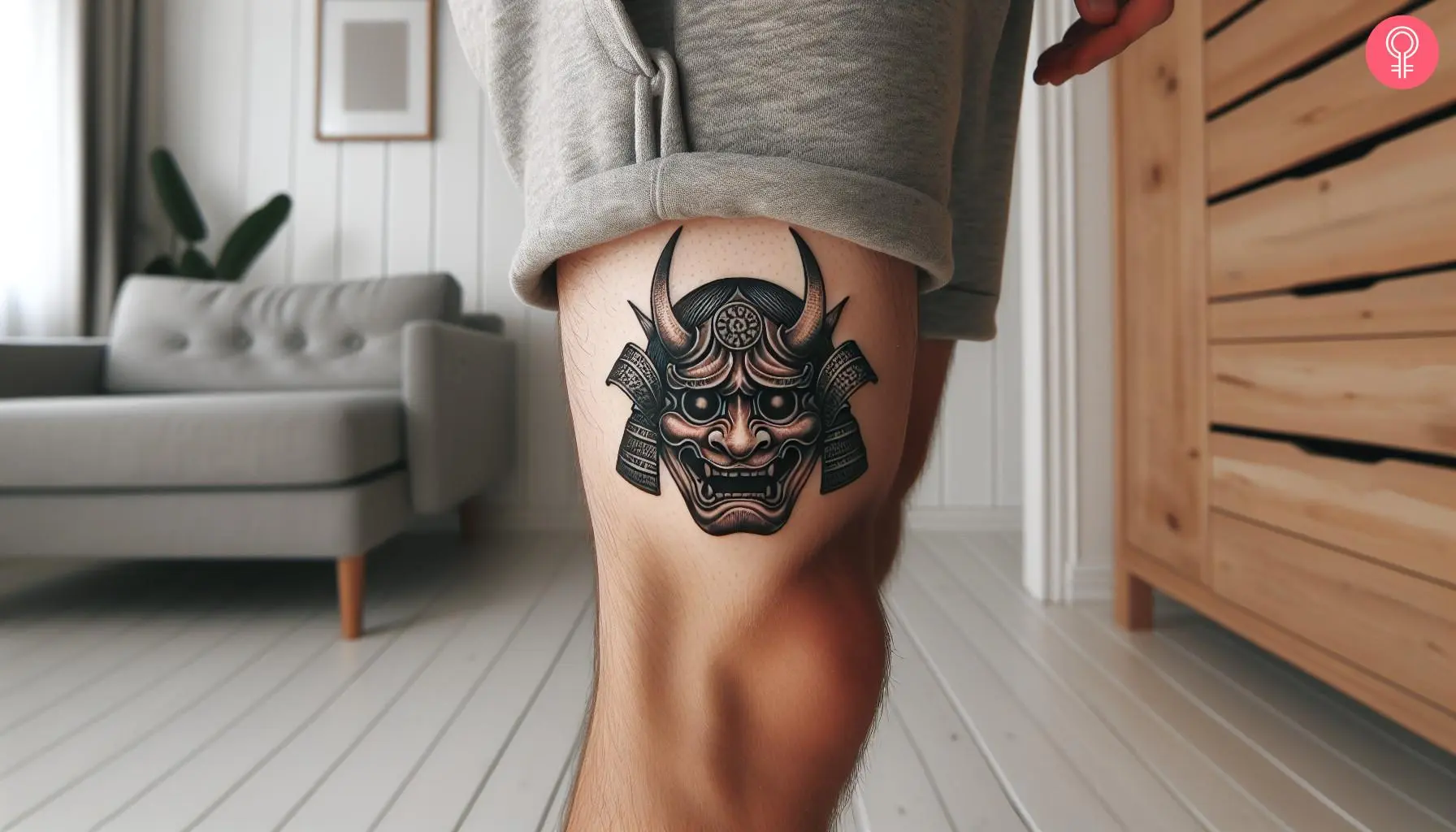 Samurai mask tattoo above the knee