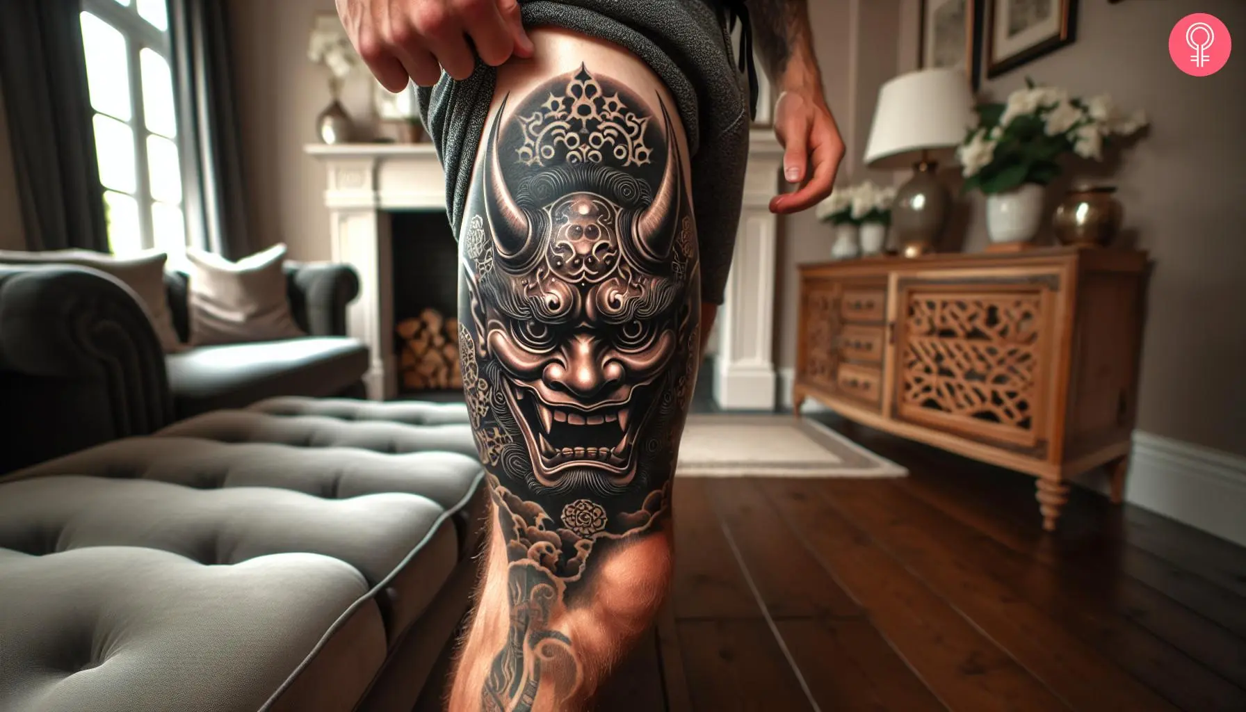 Samurai Oni mask tattoo design on the thigh of a man