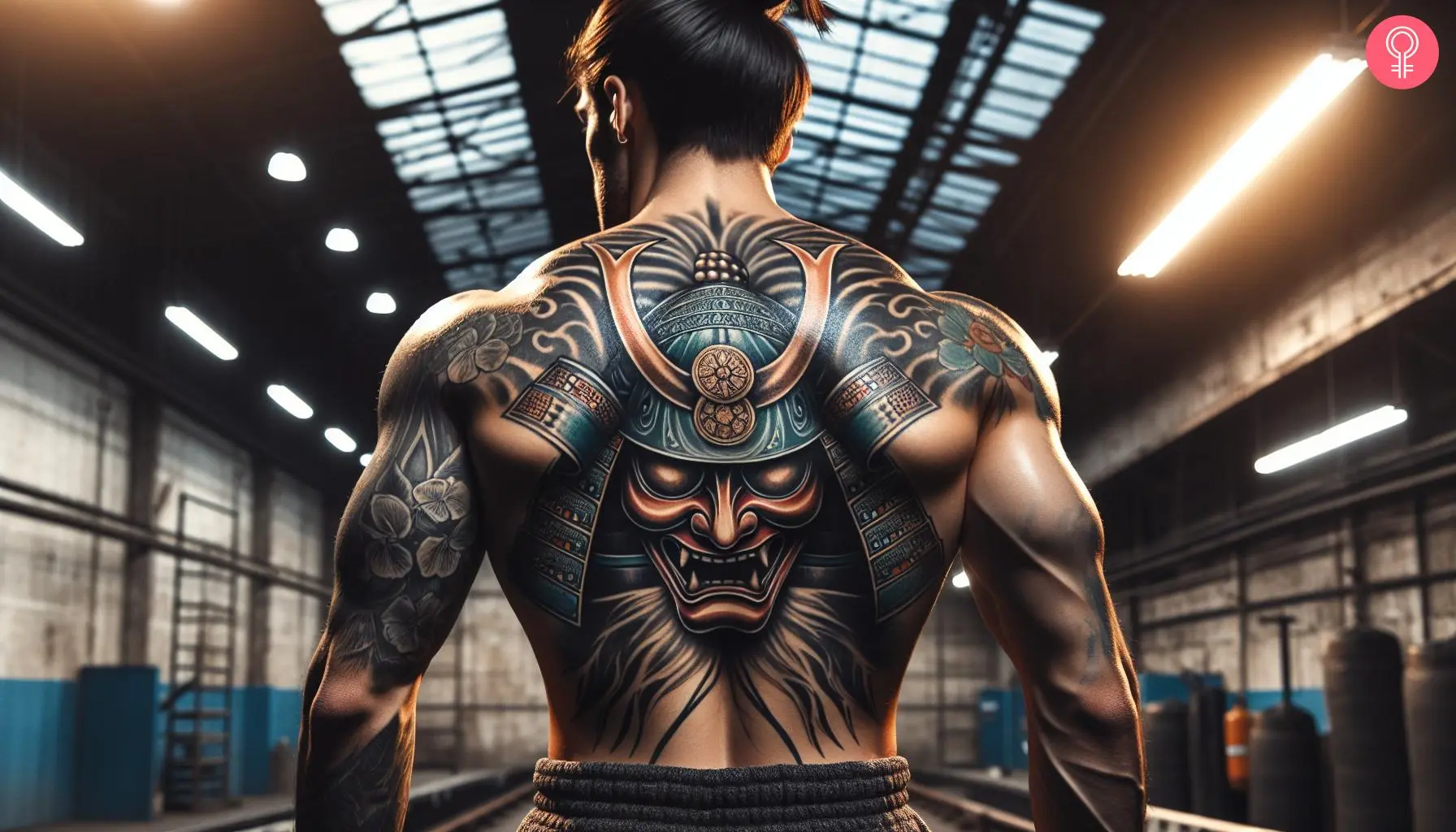 Samurai mask tattoo on the back of a man