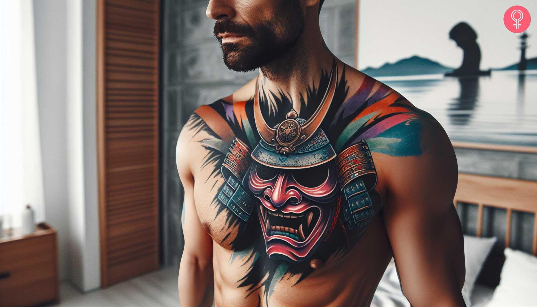 Samurai mask tattoo on the chest of a man