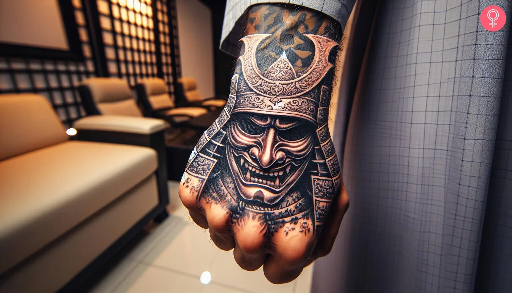 Samurai mask tattoo on the hand of a man