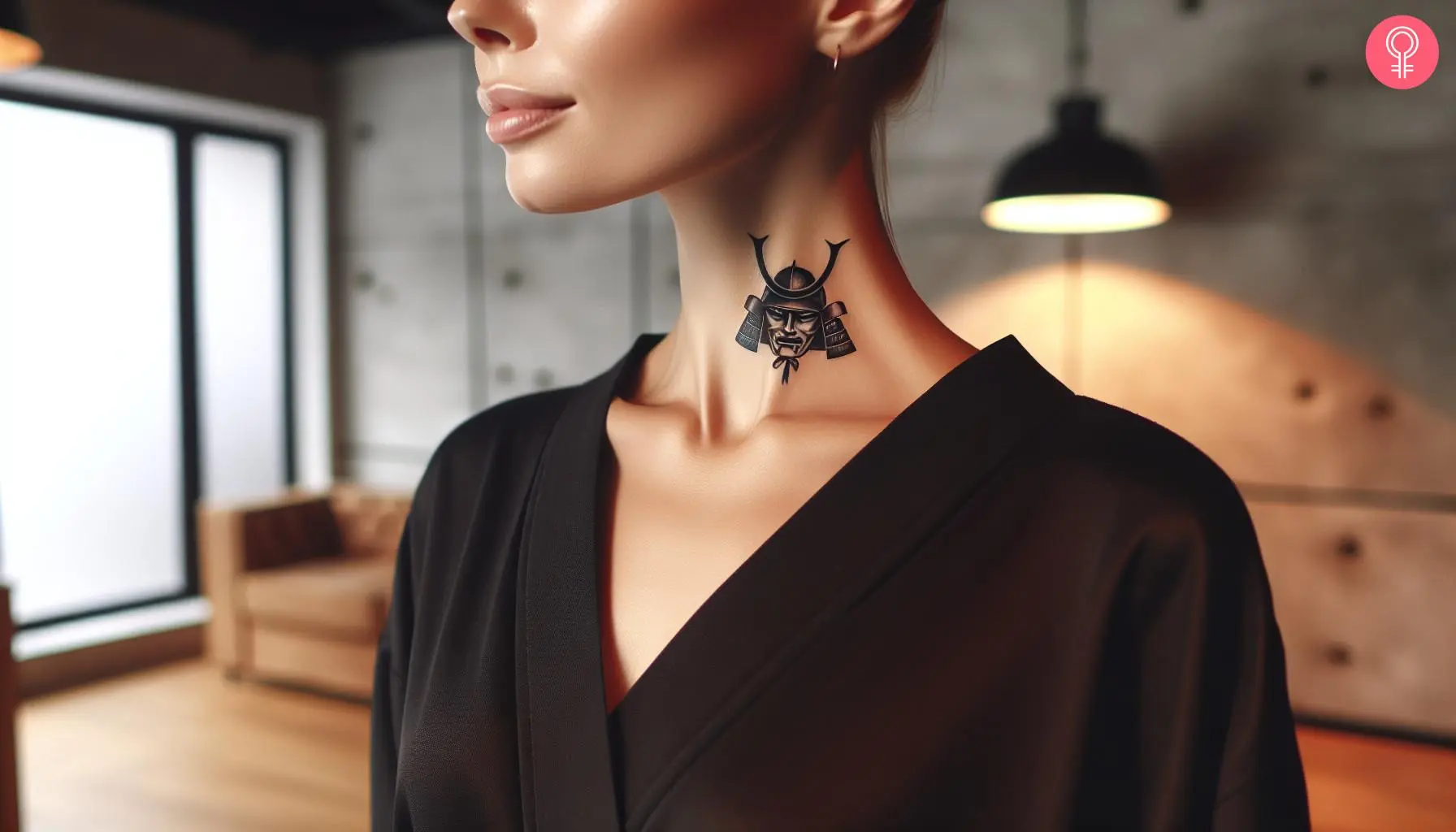 Samurai mask tattoo on the neck of a woman