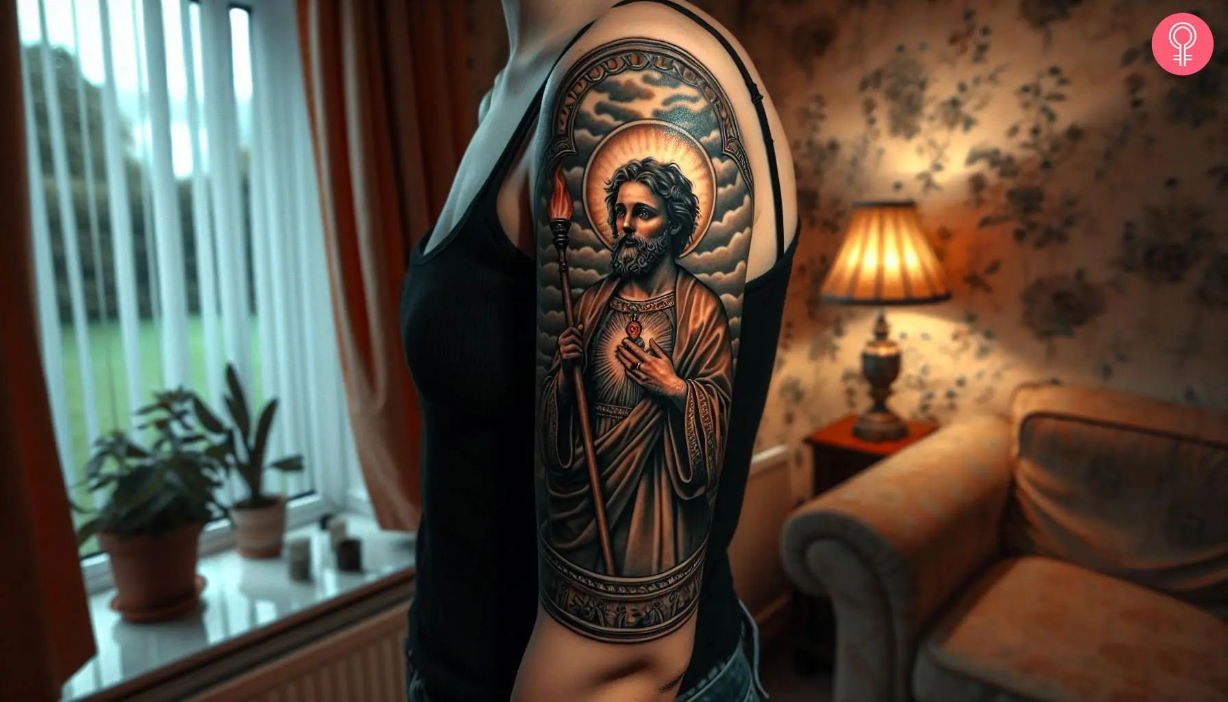 San Judas tattoo on a woman’s arm