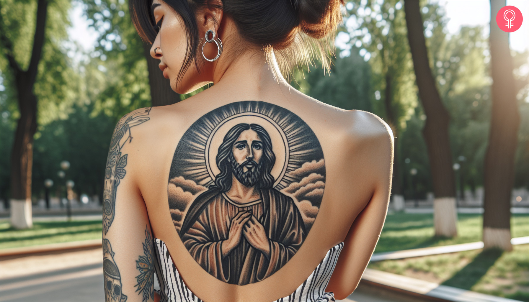 San Judas tattoo on a woman’s back