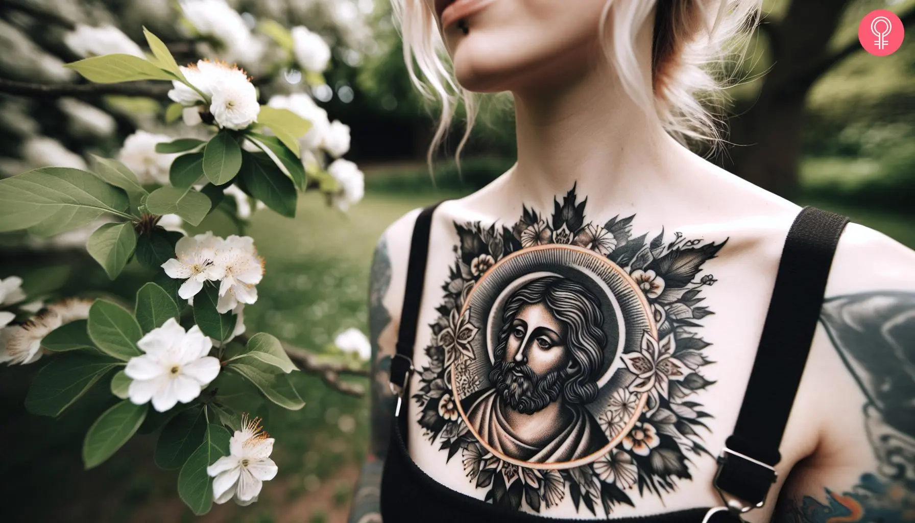 San Judas tattoo on a women’s chest