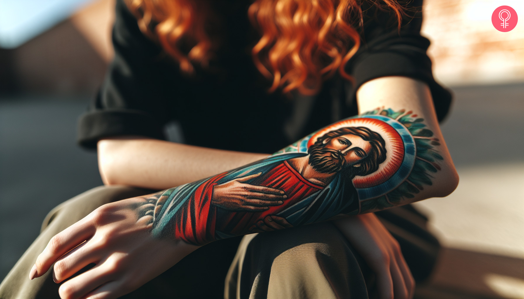 San Judas tattoo on a woman’s forearm