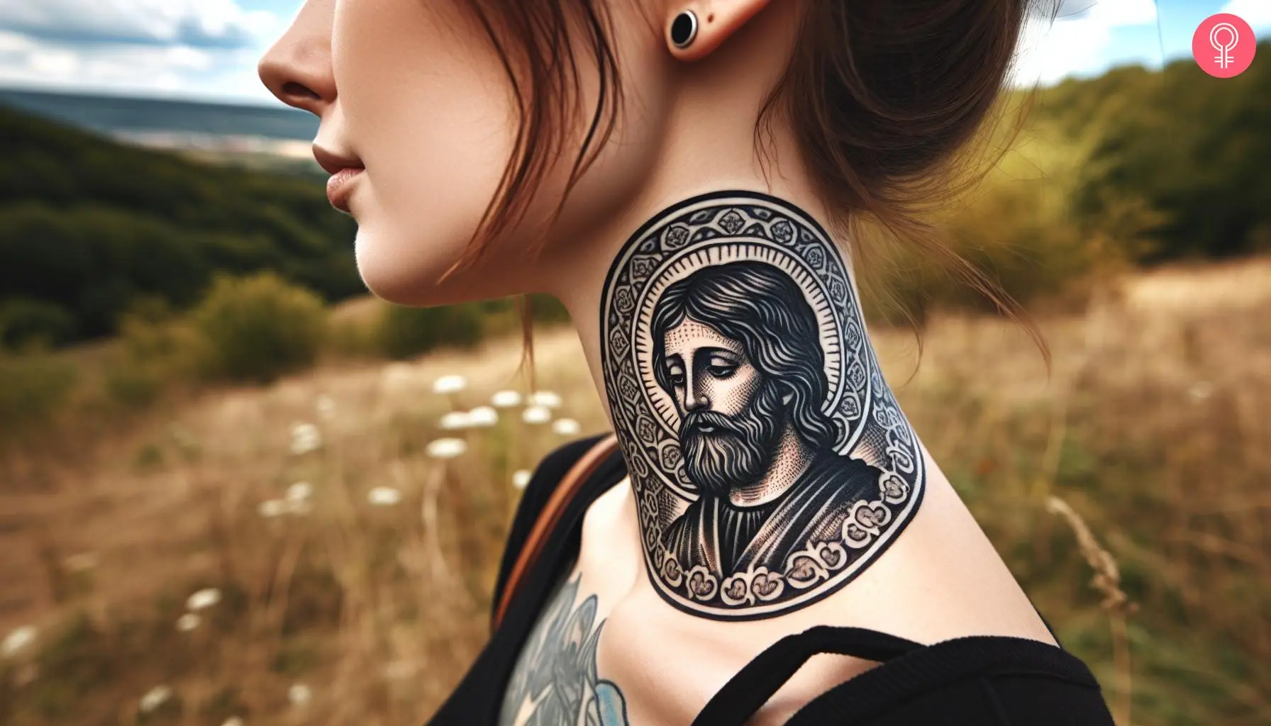 San Judas tattoo on a woman’s neck