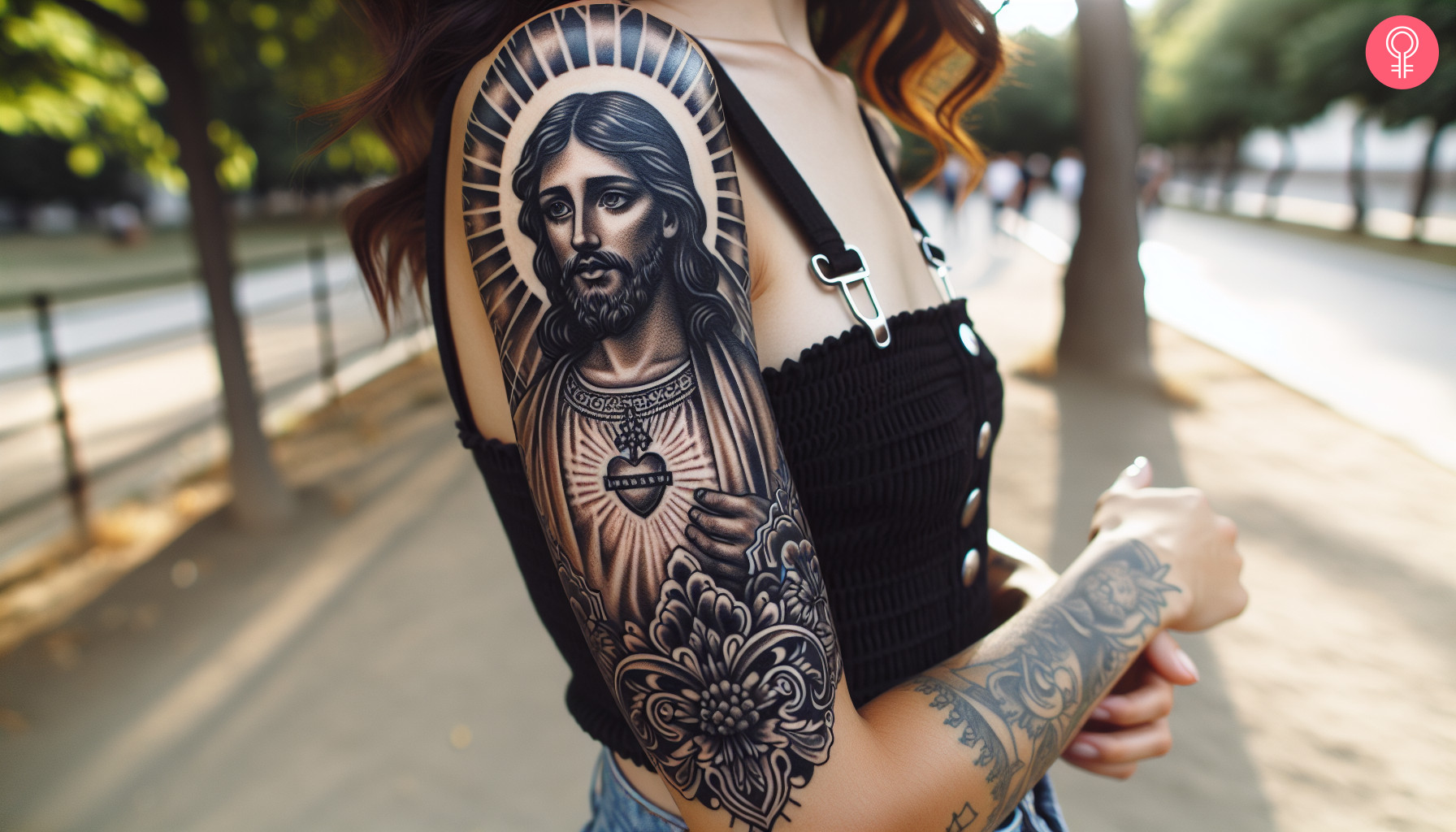 San Judas tattoo on a woman’s sleeve