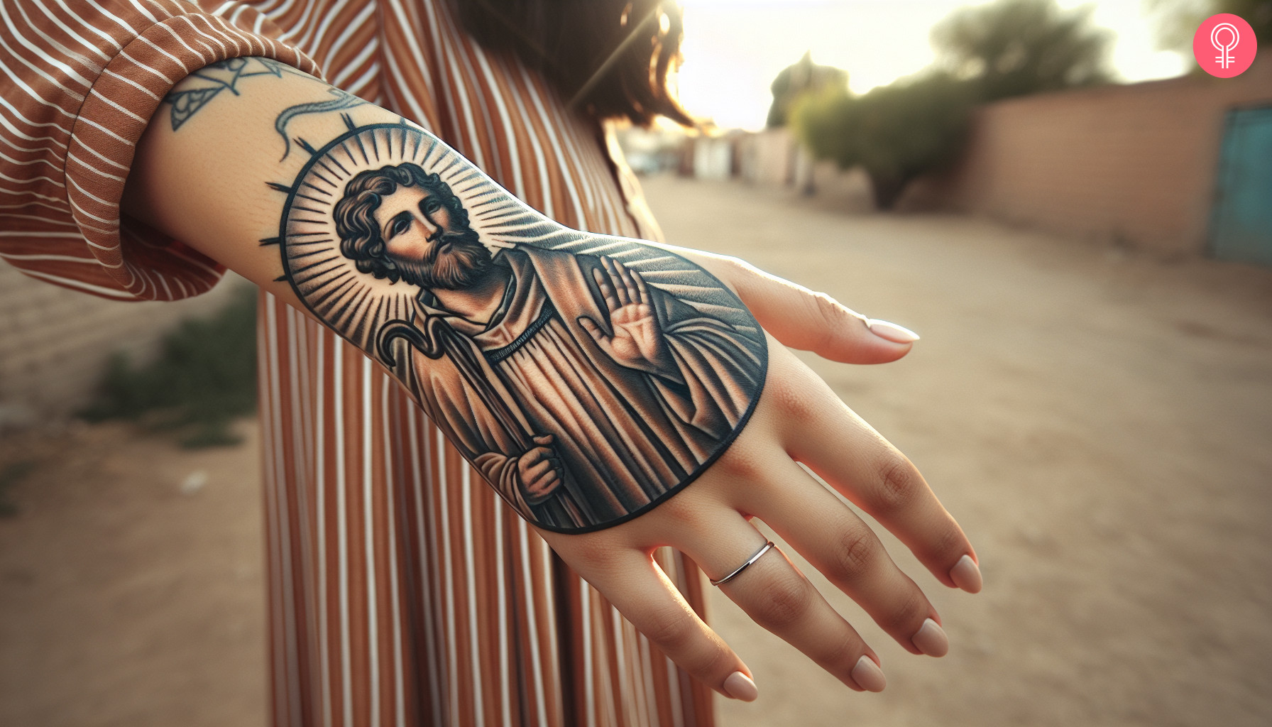 San Judas tattoo on a woman’s hand