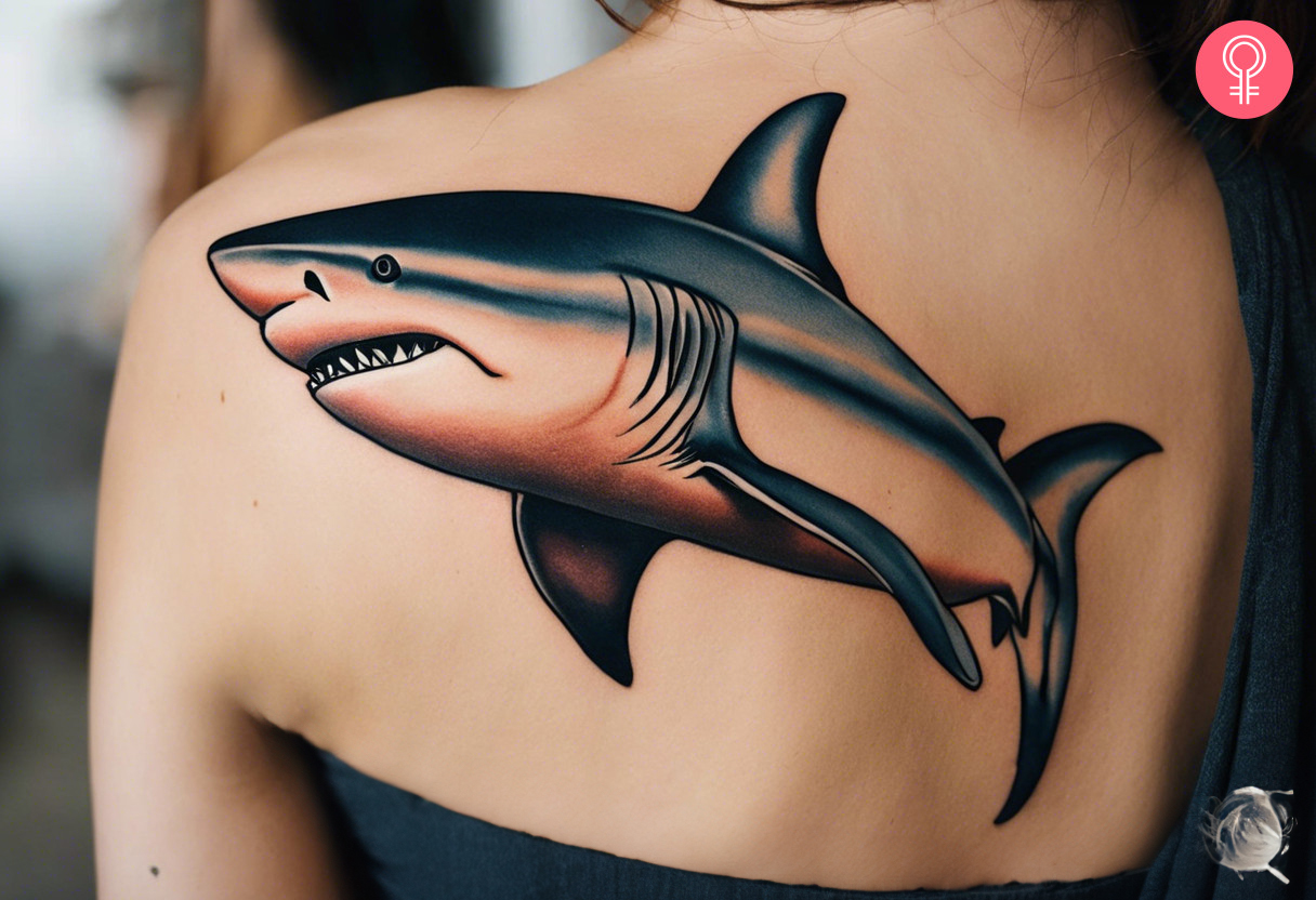 Sand tiger shark tattoo on the back shoulder