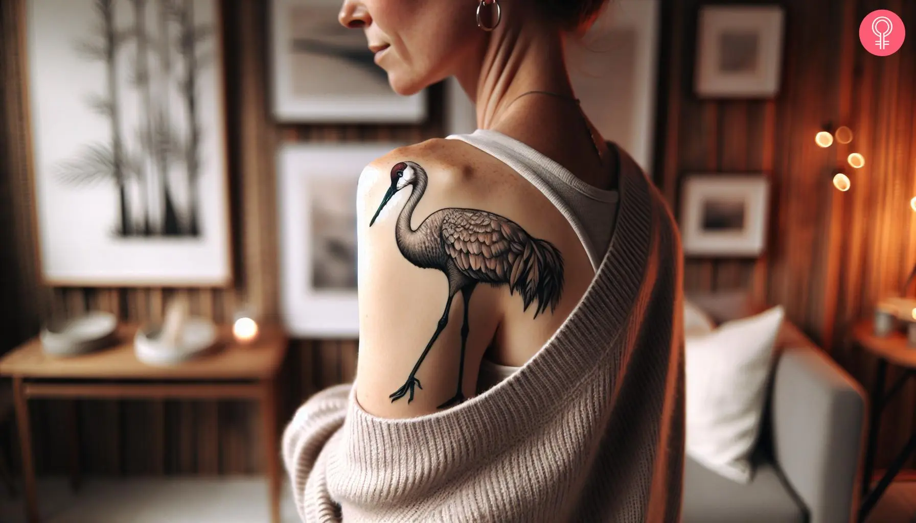 Sandhill crane tattoo on the shoulder of a woman