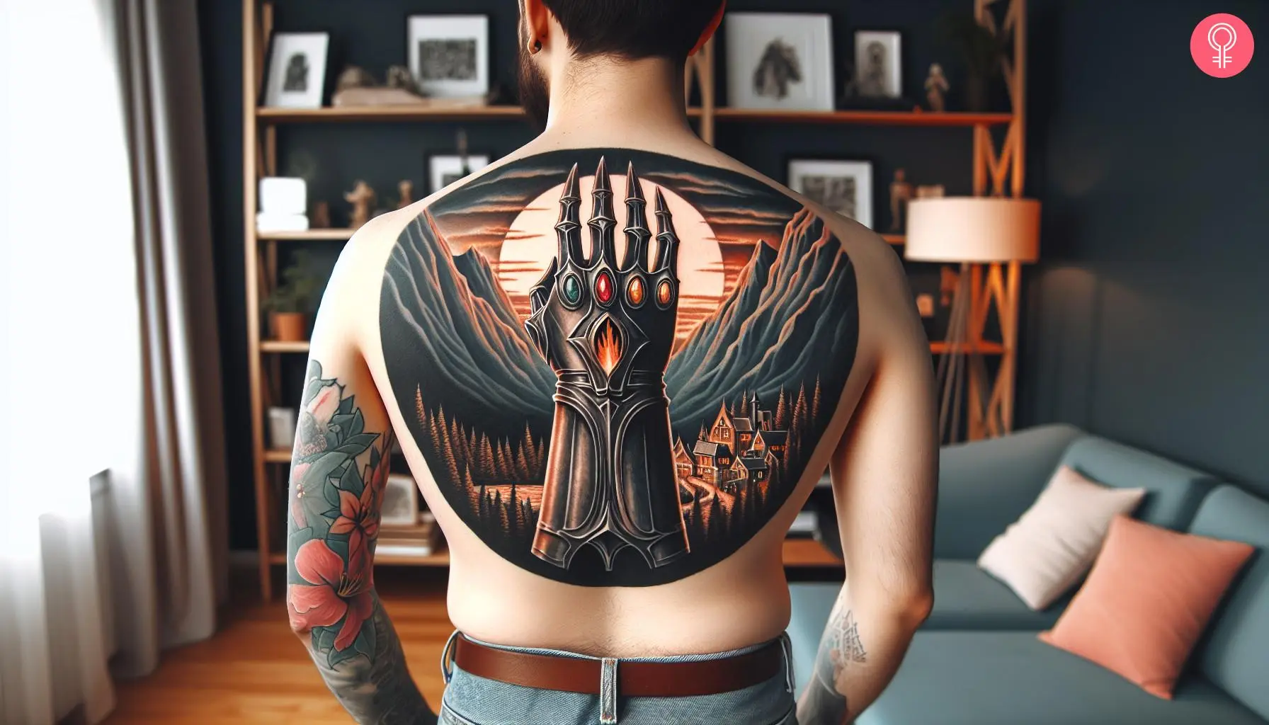 Sauron gauntlet tattoo on the upper back