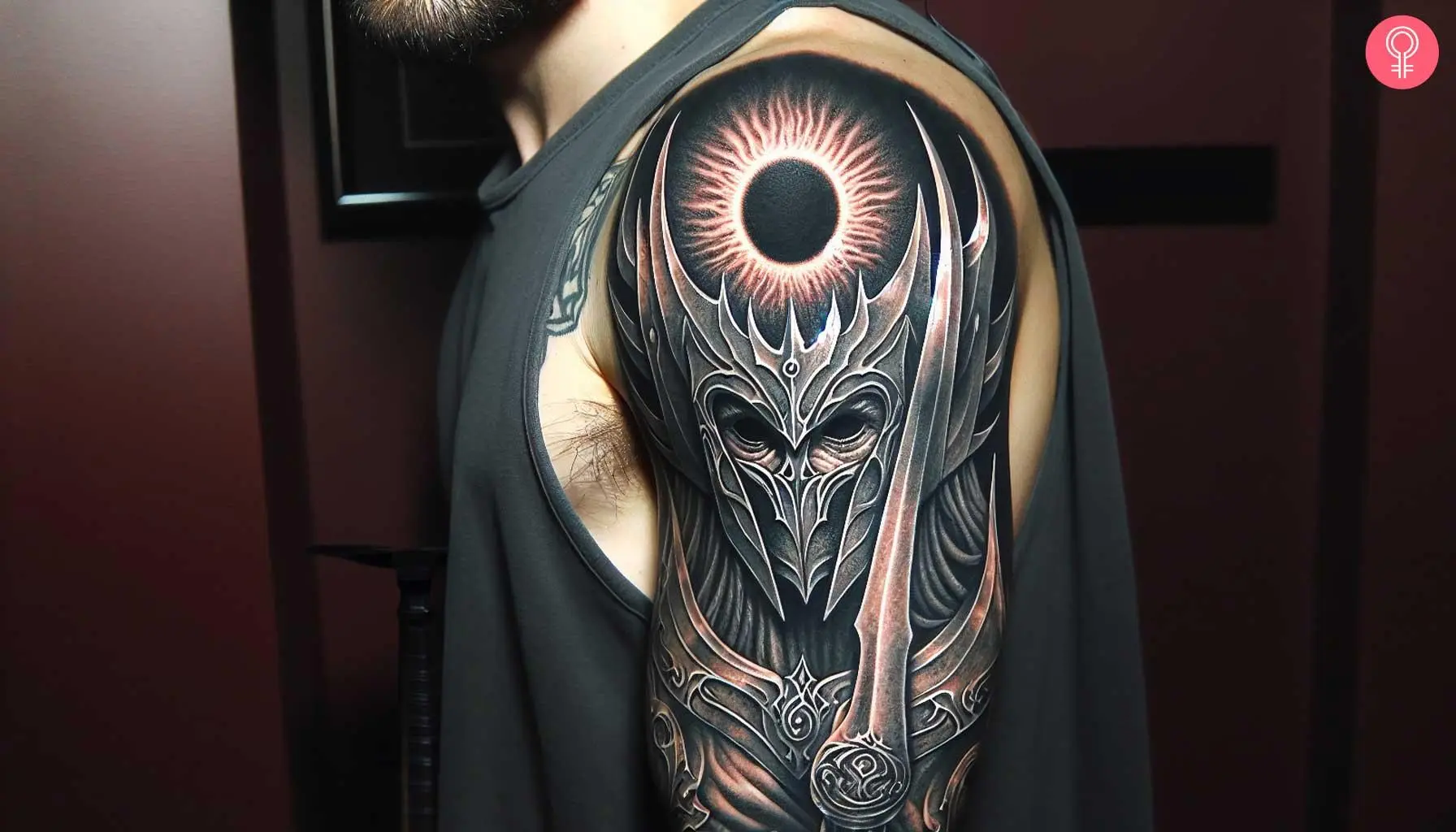 woman with Sauron Traditional Tattoo on her upper back