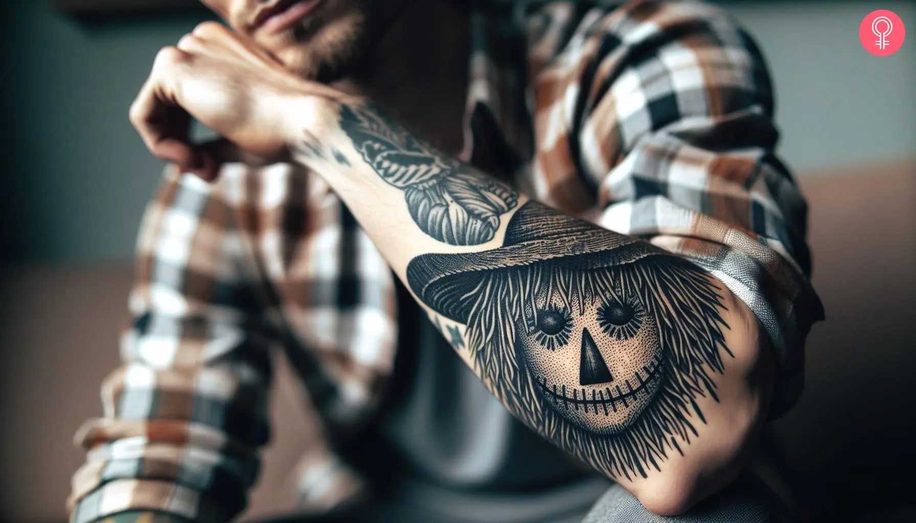 A lower arm tattoo featuring a scarecrow's face