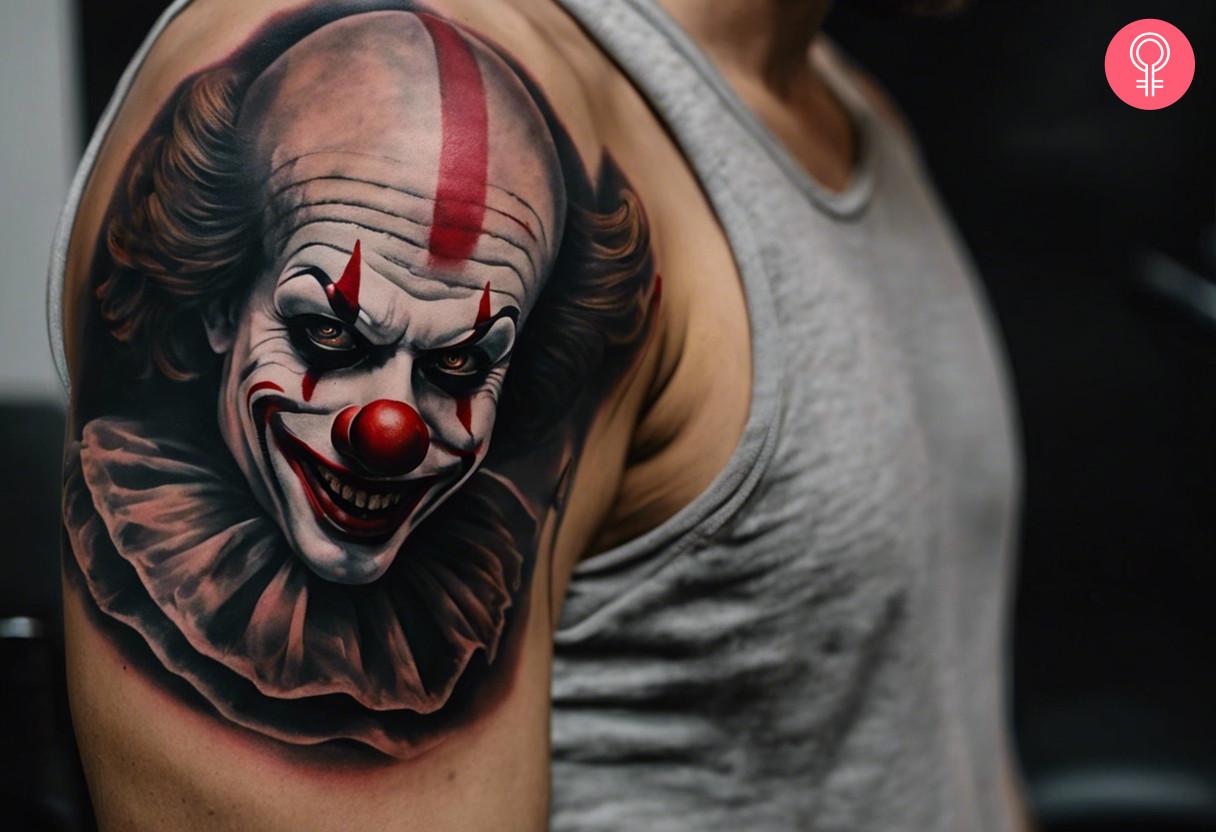 Scary clown tattoo on shoulder