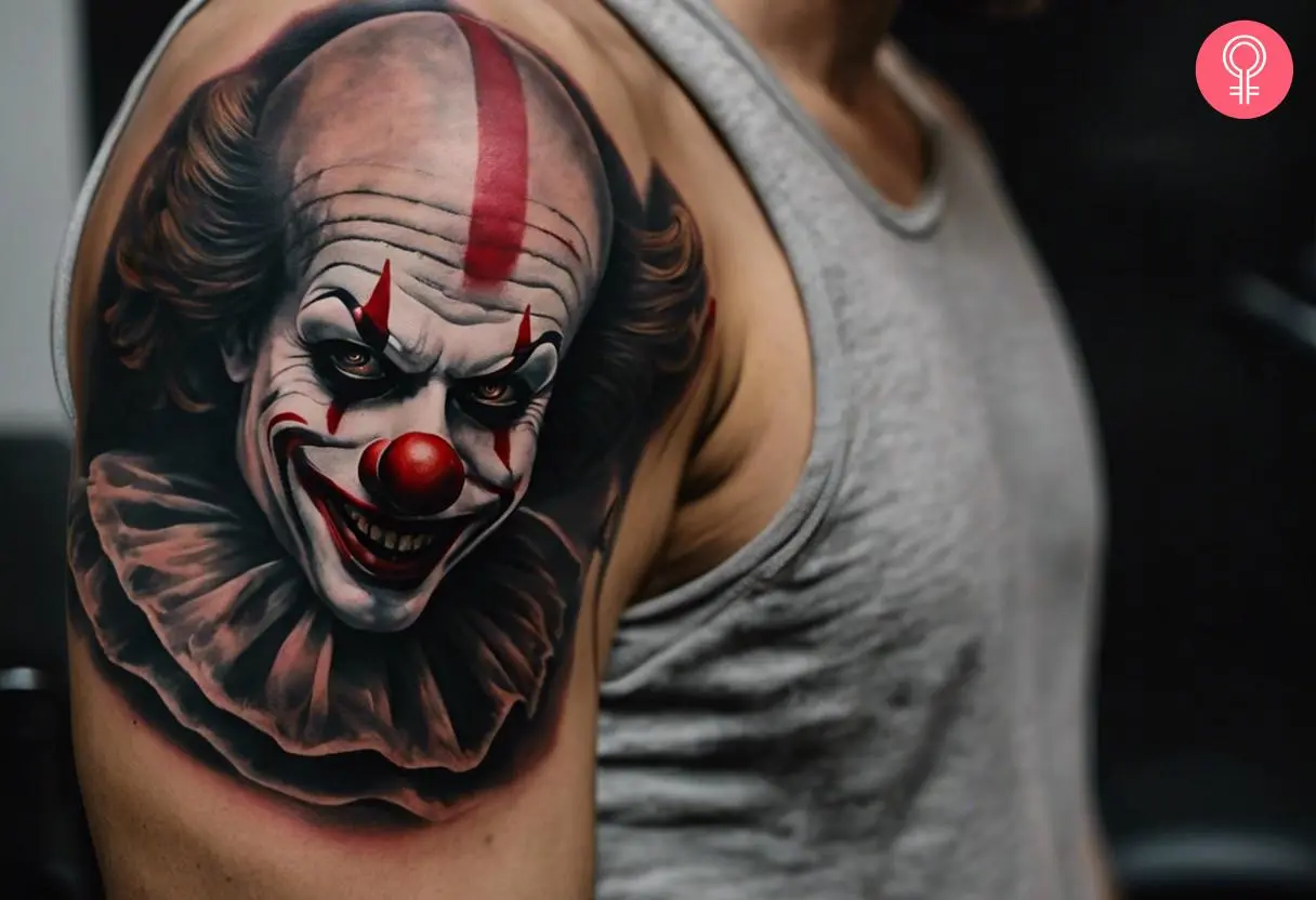 Scary clown tattoo on the shoulder