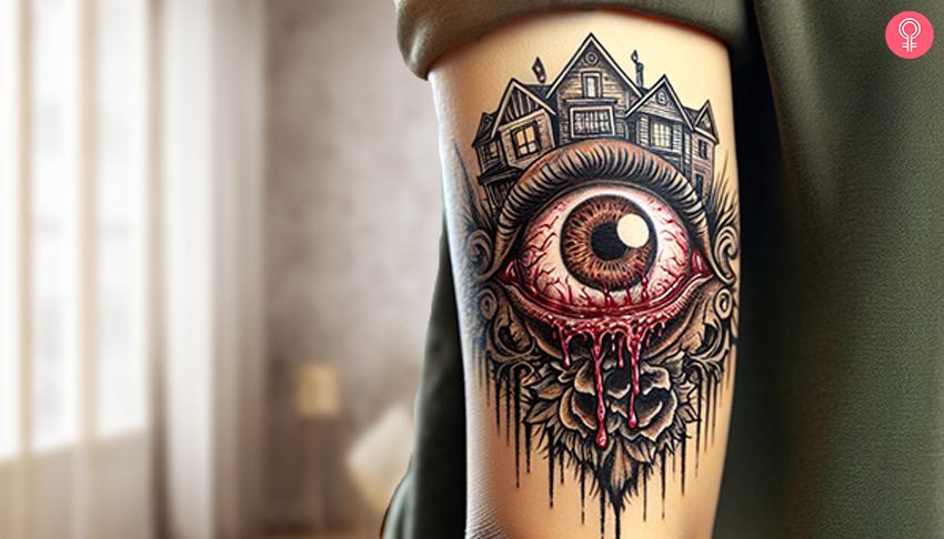 Scary eye tattoo with blood seeping from the back of the arm