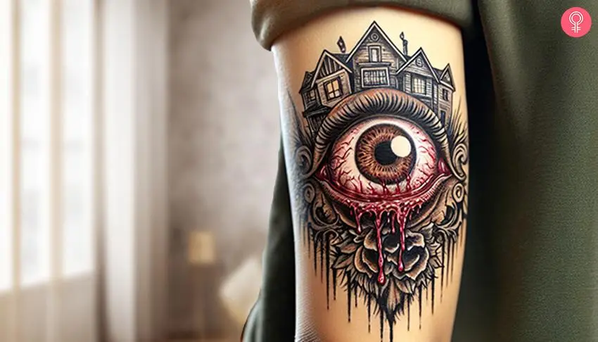 Scary eye tattoo with blood oozing out on the back of the arm