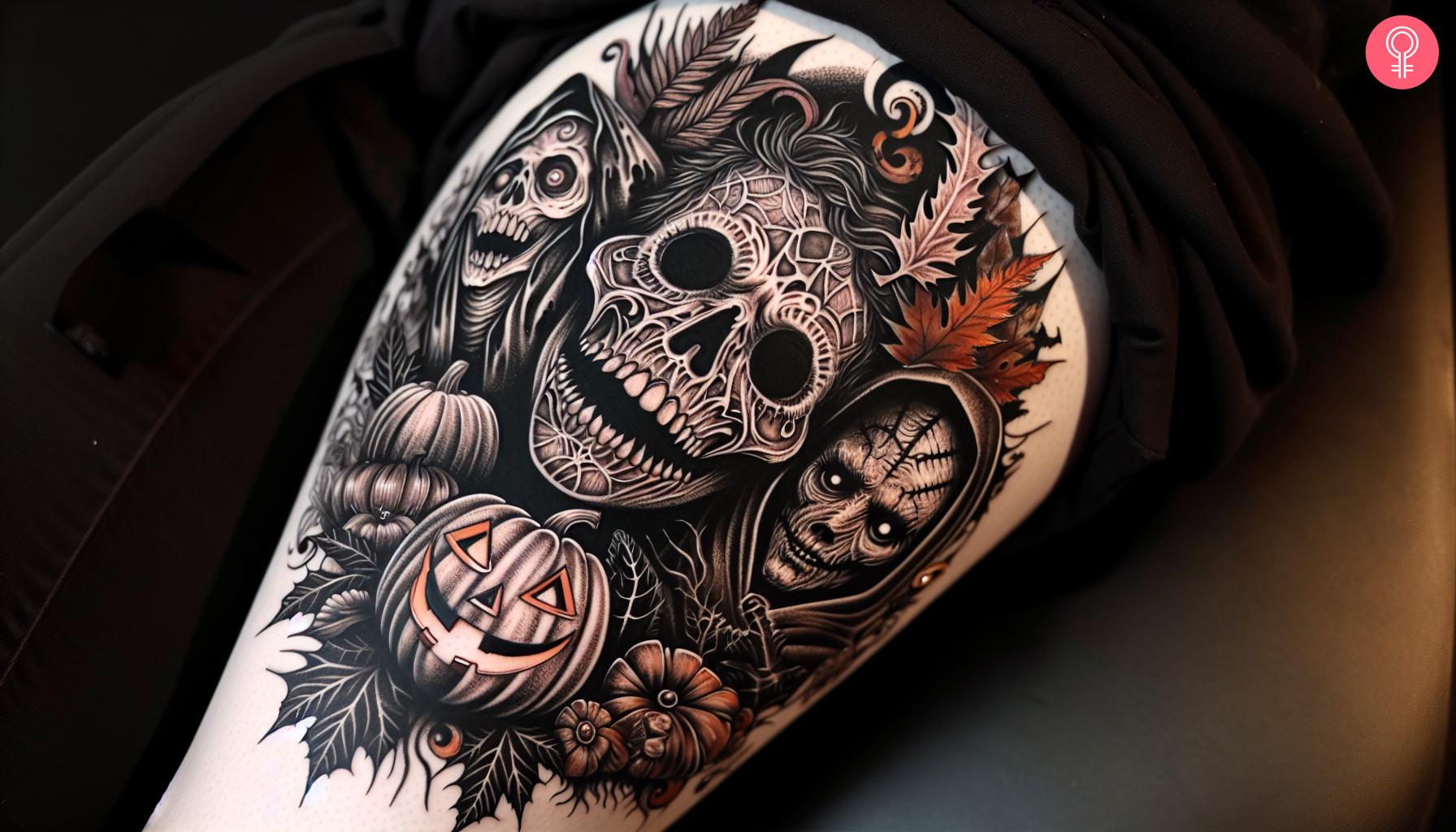 Scary ghost tattoo on thigh