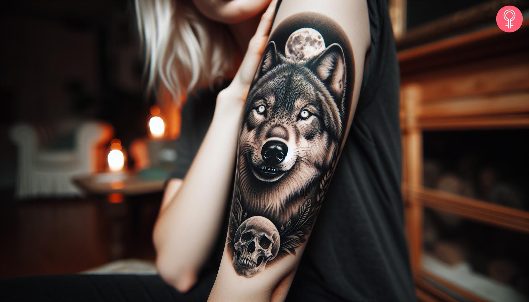 Scary wolf tattoo with a skull and moon on the upper arm