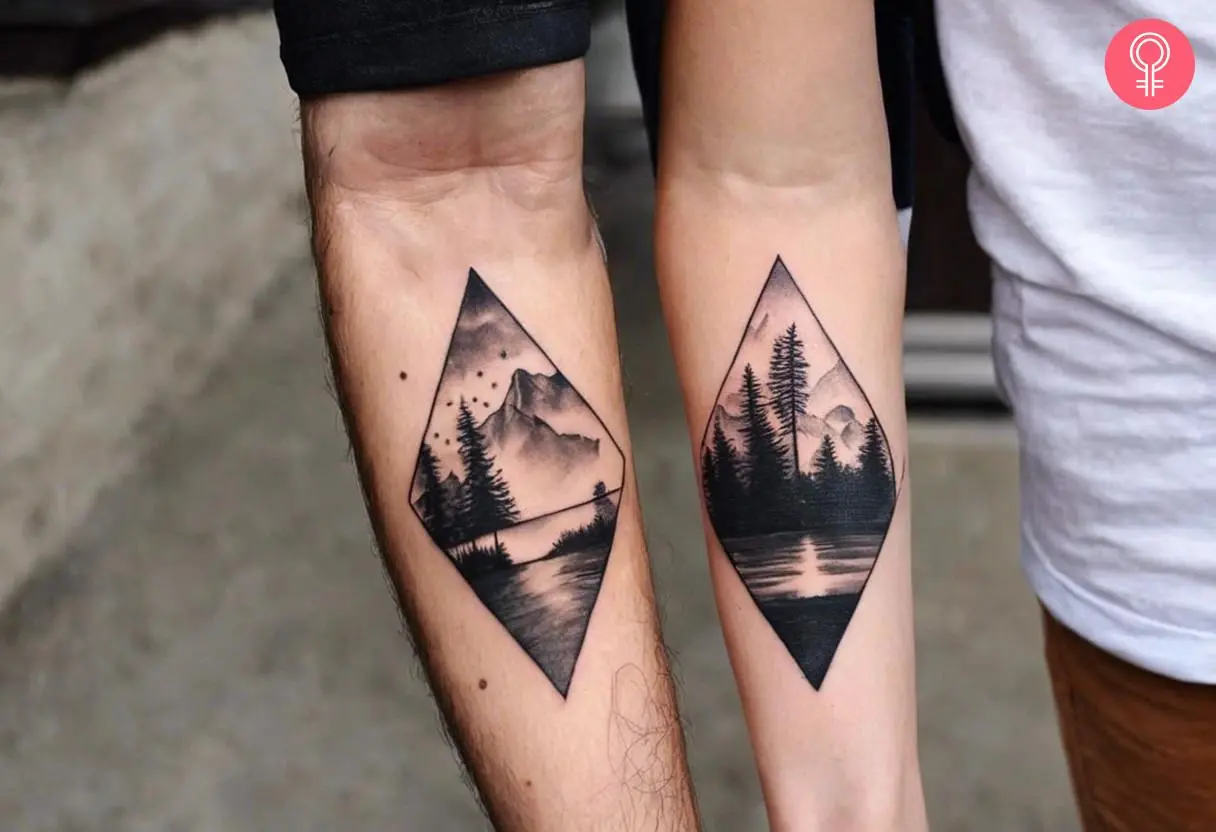 Scenery matching tattoo on the forearm of brother and sister