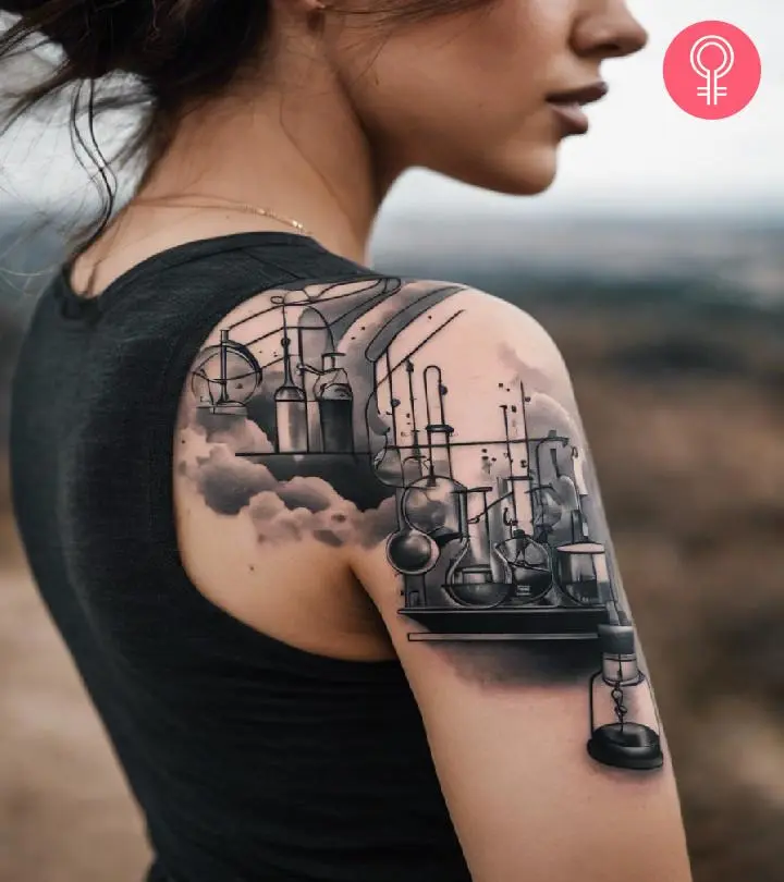 Science tattoo on a woman’s shoulder