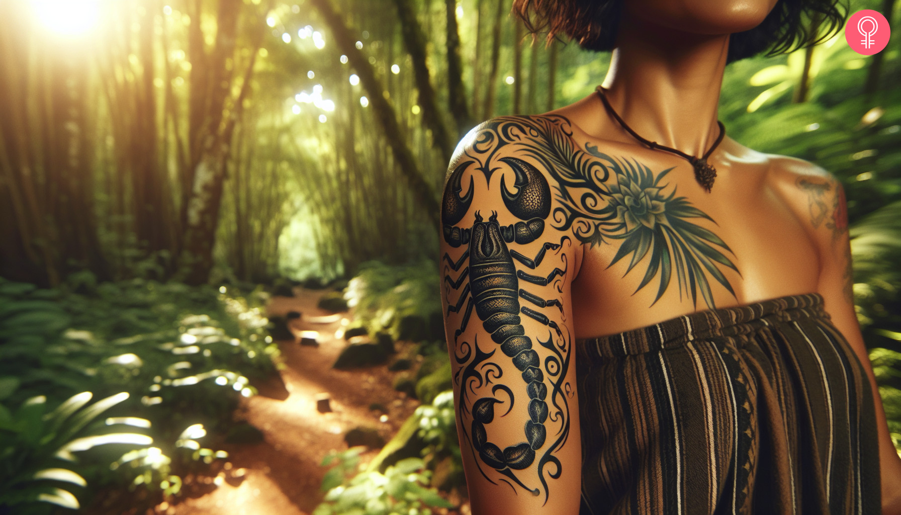 A scorpion tribal tattoo on a woman’s upper arm