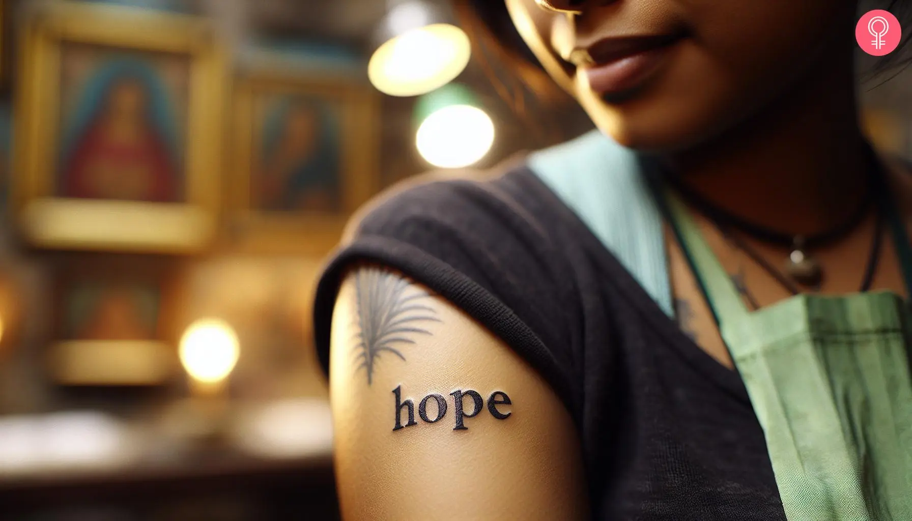 A script alphabet tattoo on the upper arm of a woman