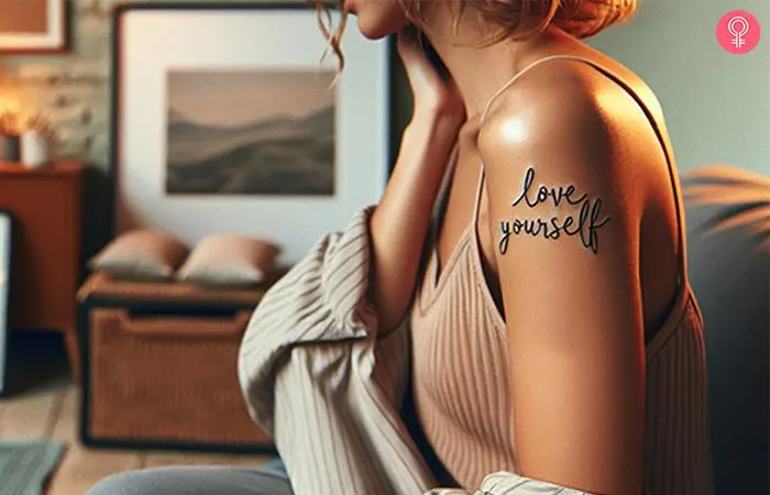 Script ‘Love Yourself’ thin line tattoo on the shoulder