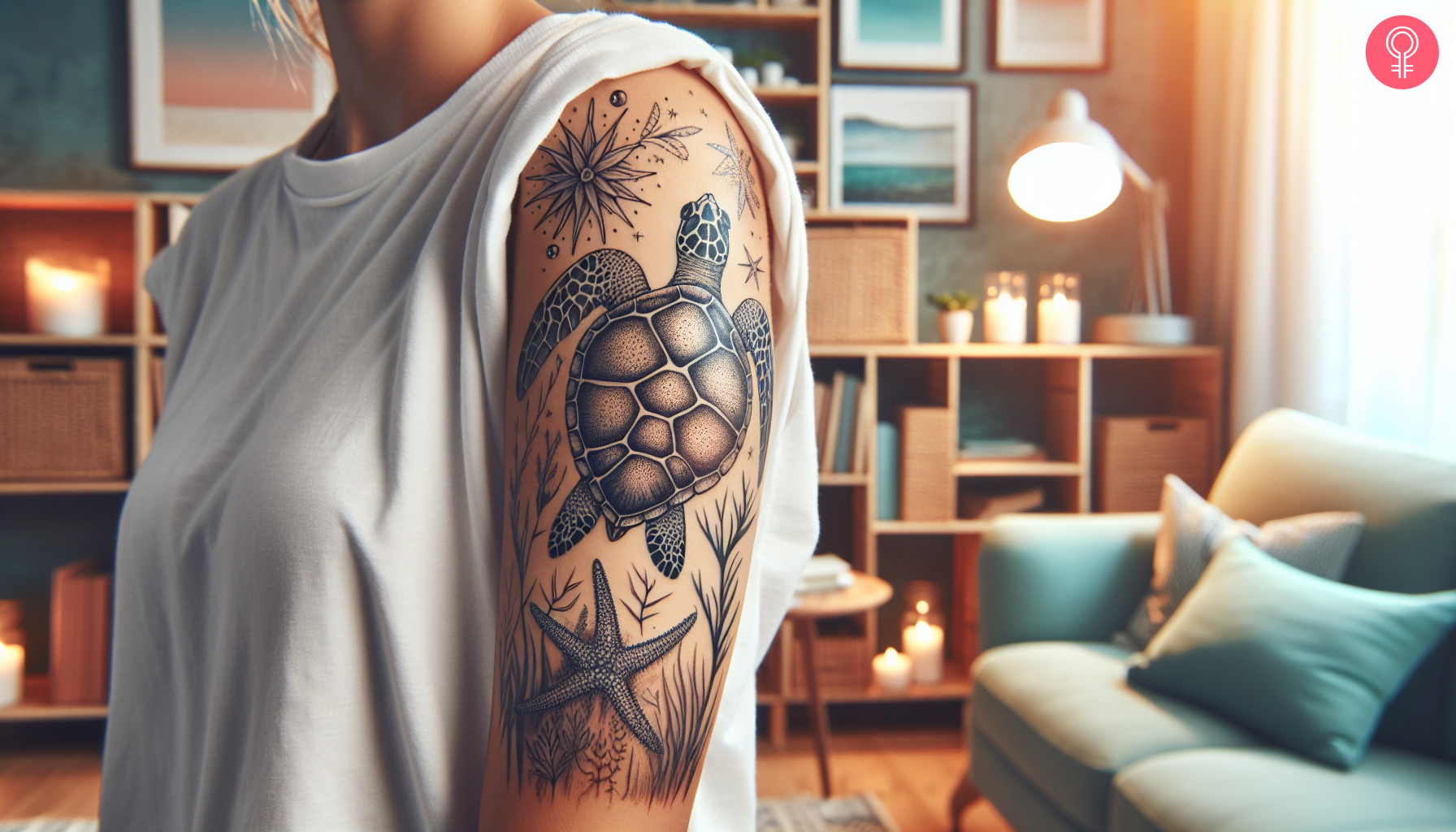 Sea turtle and starfish tattoo on the upper arm