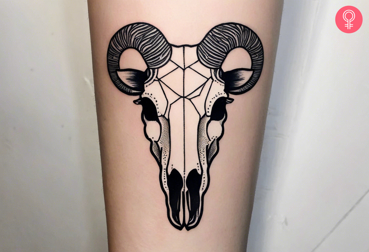 Black sheep skull tattoo on the forearm of a woman