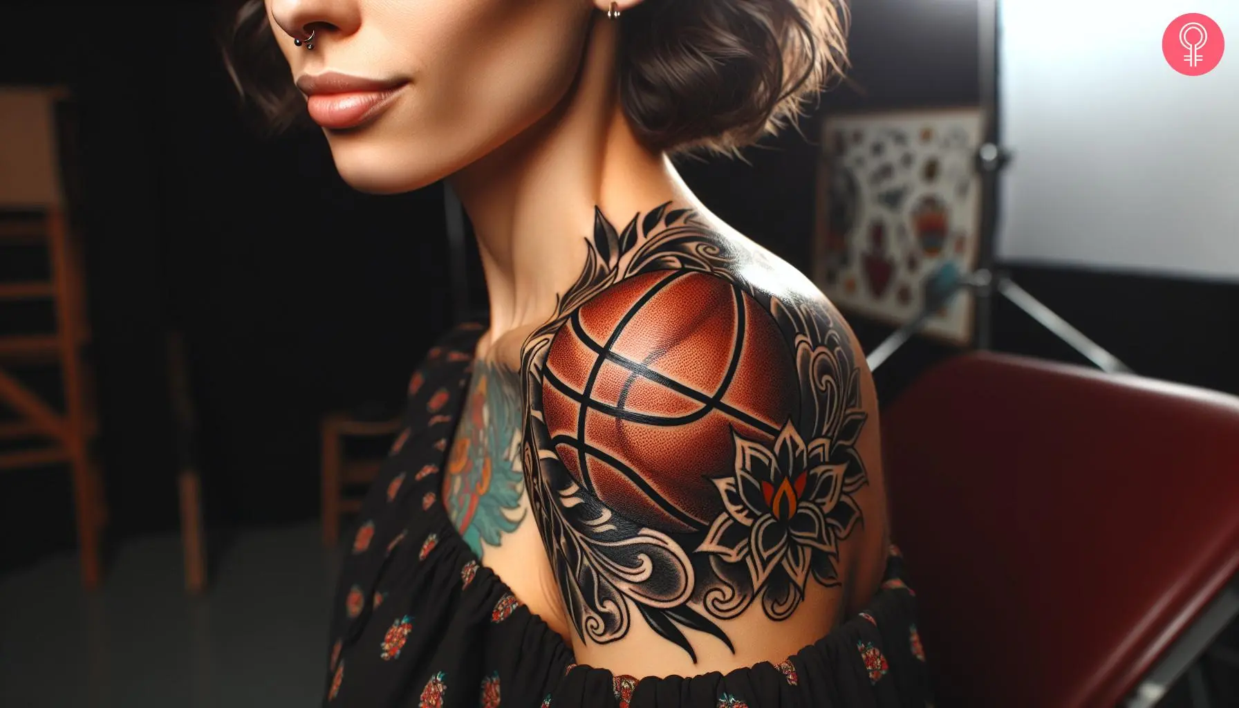 A bold basketball tattoo on a woman’s shoulder