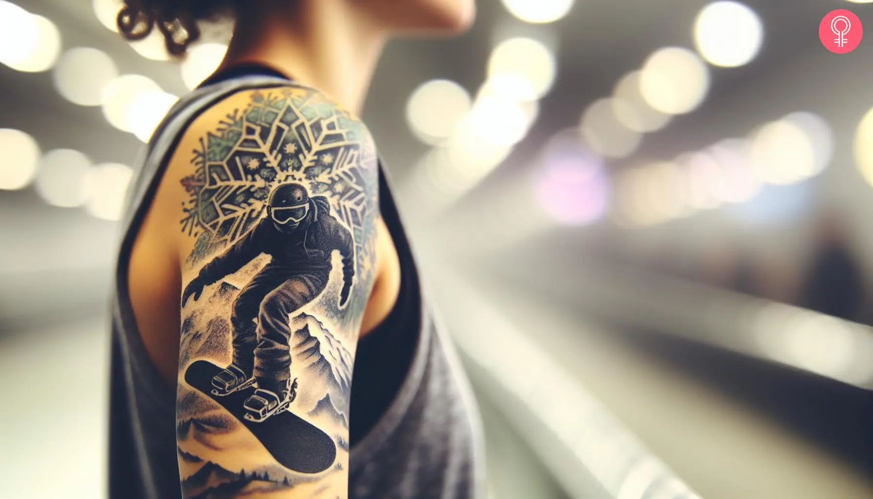 Snowboard tattoo on the shoulder of a woman