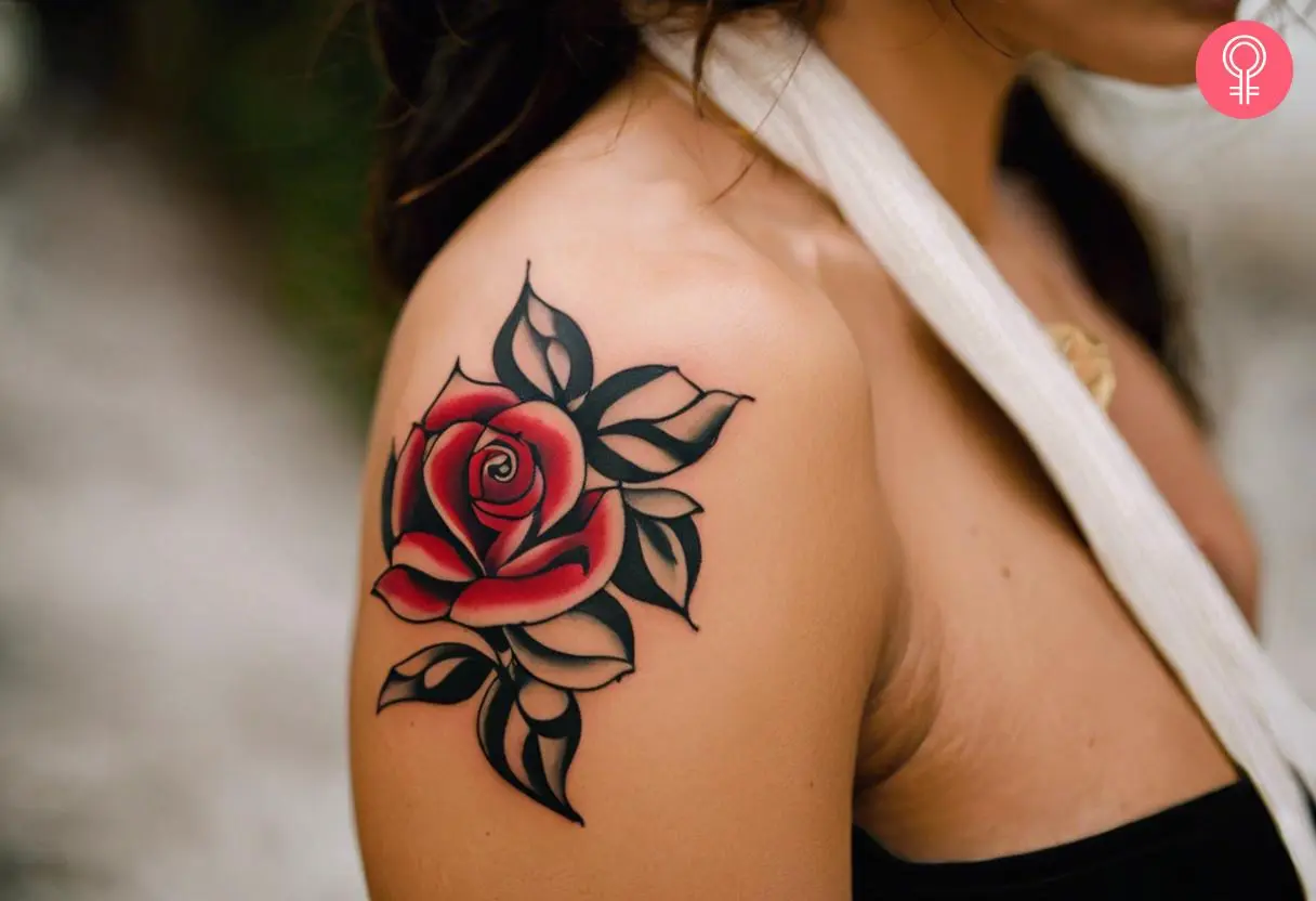 Shoulder tribal rose tattoo on a woman