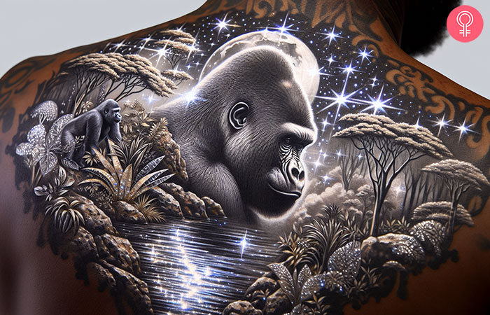 Silver gorilla tattoo on the back of a man