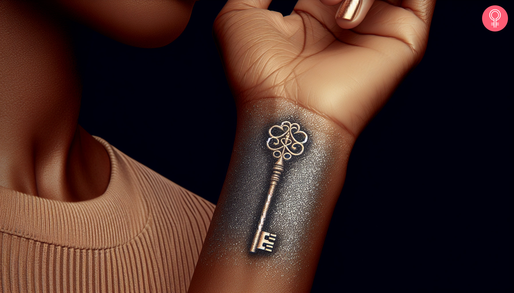 Silver key tattoo on the wrist of a woman