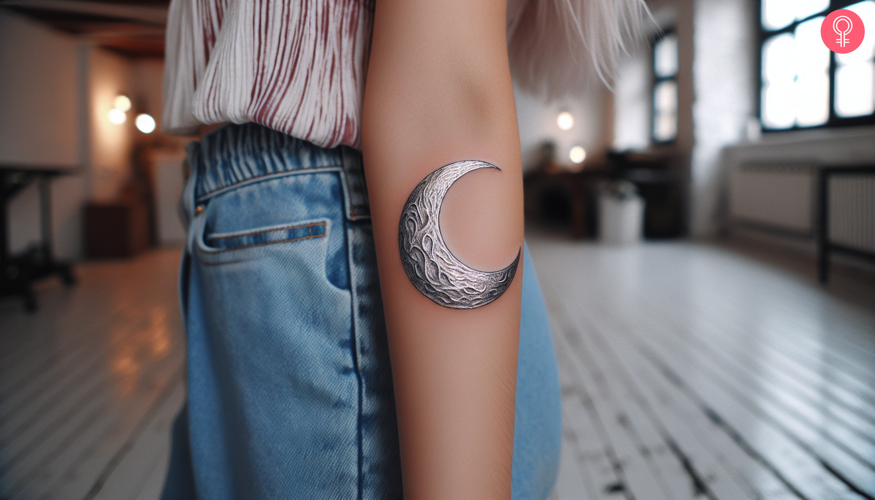 Silver moon tattoo on the forearm of a woman