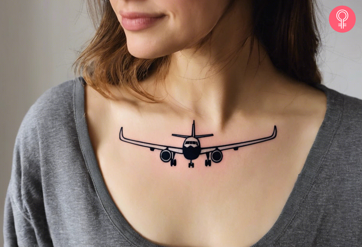 A black ink business jet plane tattoo right below the collarbones